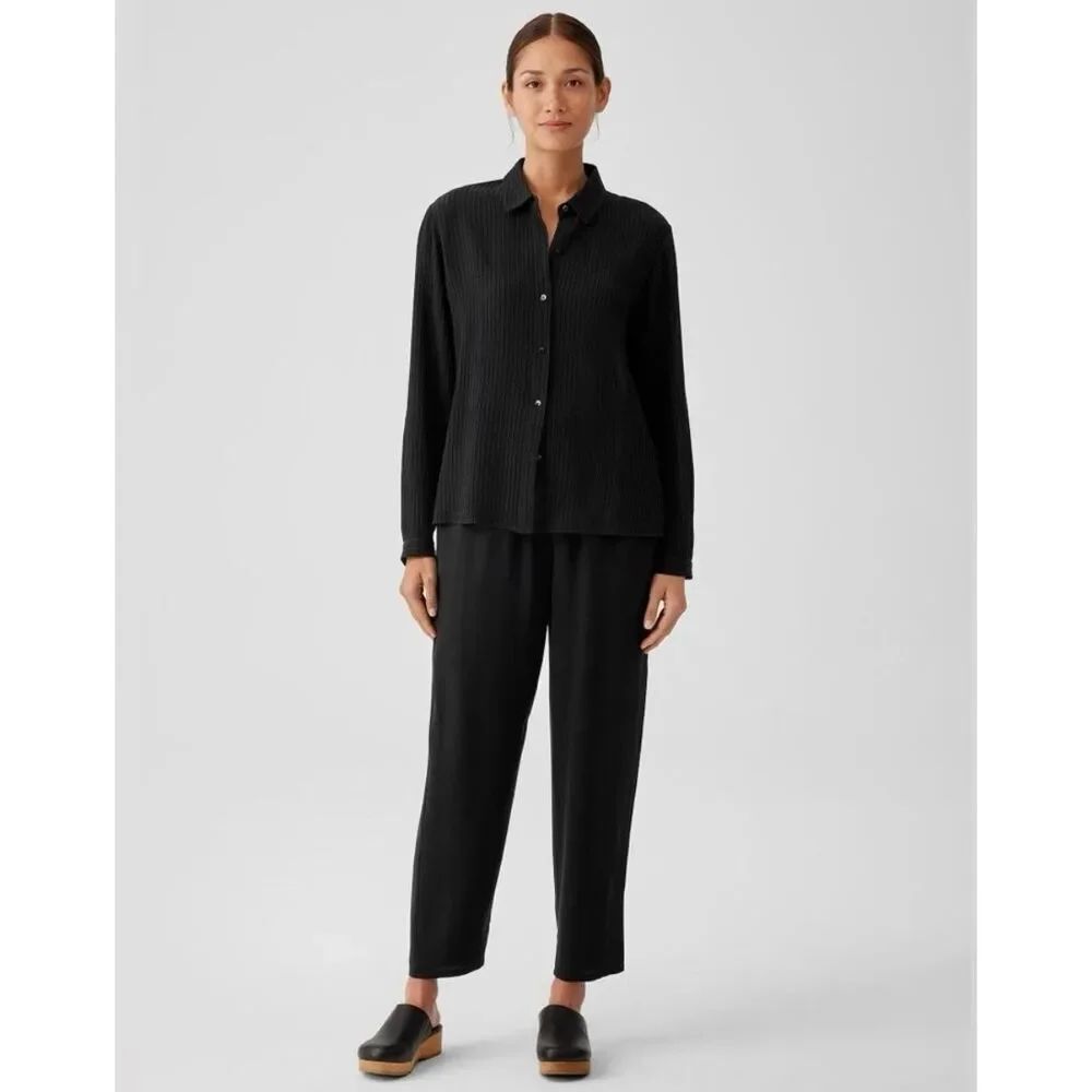 Eileen Fisher Wide Leg Ankle Crop Pants S Black 100% Silk